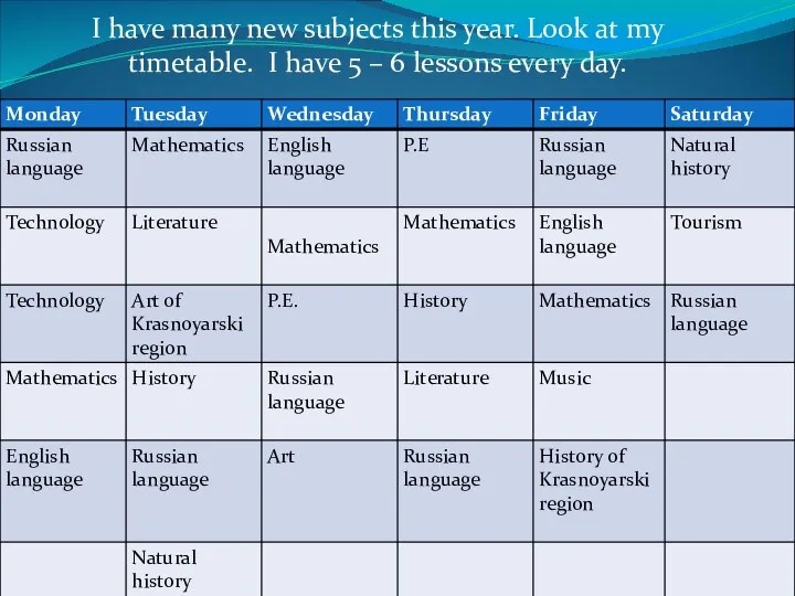I have many new subjects this year. Look at my timetable.