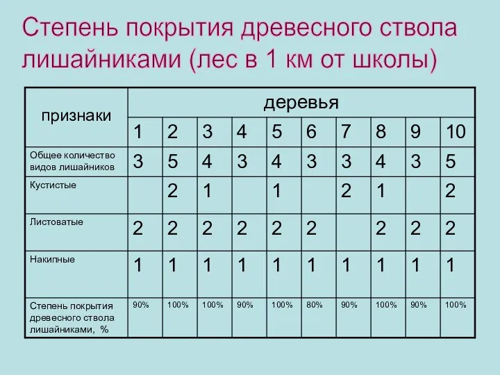 Степень покрытия древесного ствола лишайниками (лес в 1 км от школы)