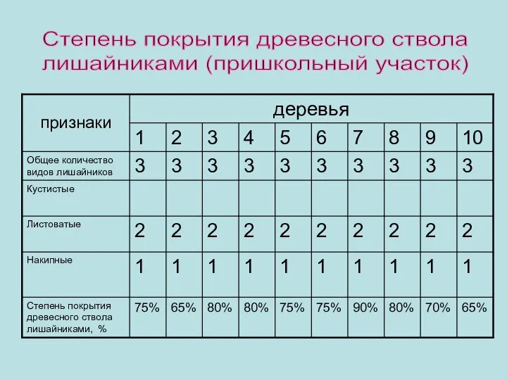 Степень покрытия древесного ствола лишайниками (пришкольный участок)