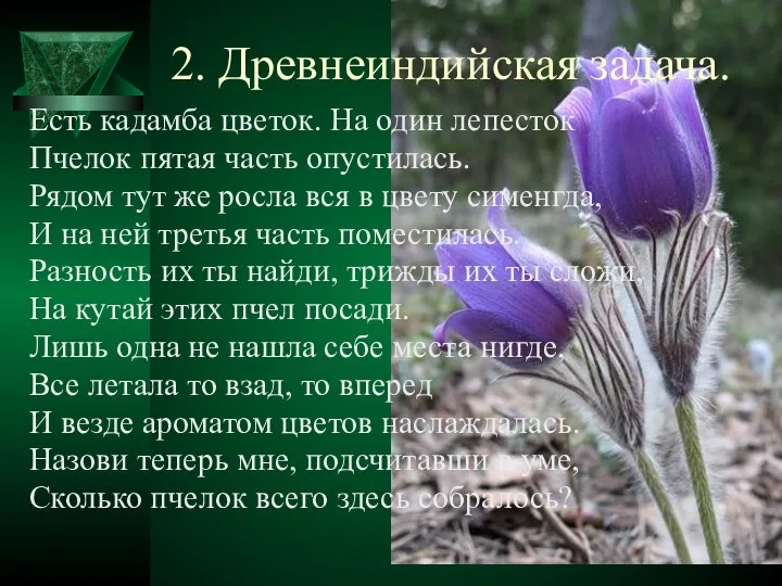 2. Древнеиндийская задача. Есть кадамба цветок. На один лепесток Пчелок пятая