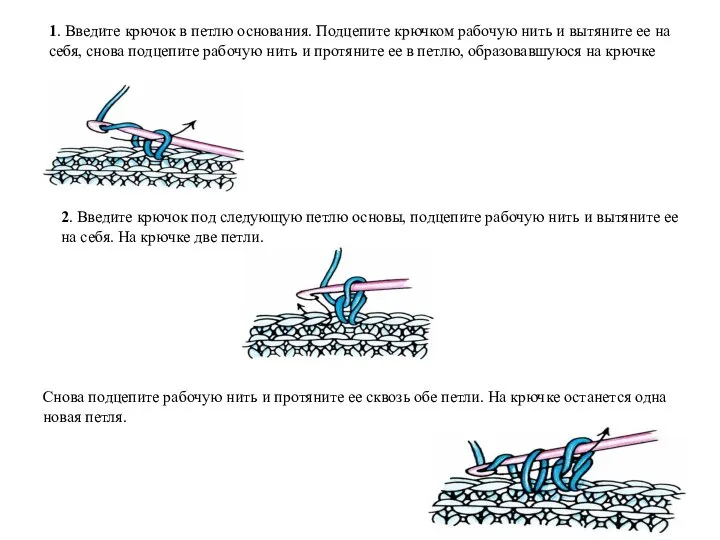 1. Введите крючок в петлю основания. Подцепите крючком рабочую нить и