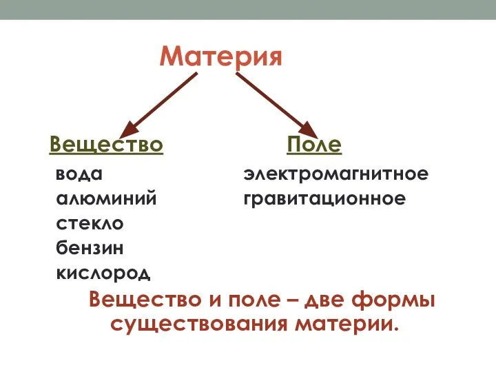 Материя Вещество Поле вода электромагнитное алюминий гравитационное стекло бензин кислород Вещество