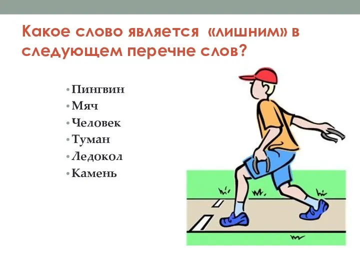 Какое слово является «лишним» в следующем перечне слов? Пингвин Мяч Человек Туман Ледокол Камень