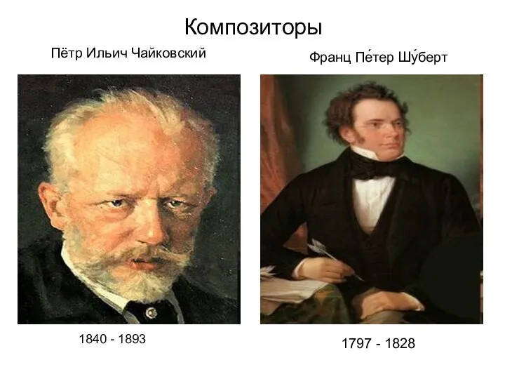 Композиторы Пётр Ильич Чайковский 1840 - 1893 Франц Пе́тер Шу́берт 1797 - 1828