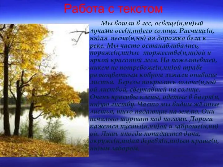 Работа с текстом Мы вошли в лес, освеще(н,нн)ый лучами осе(н,нн)его солнца.