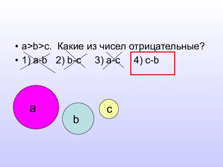 a>b>c. Какие из чисел отрицательные? 1) a-b 2) b-c 3) a-c 4) c-b a b c