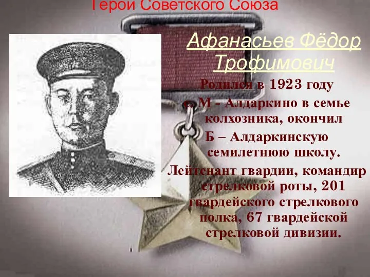 Герой Советского Союза Афанасьев Фёдор Трофимович Родился в 1923 году с.