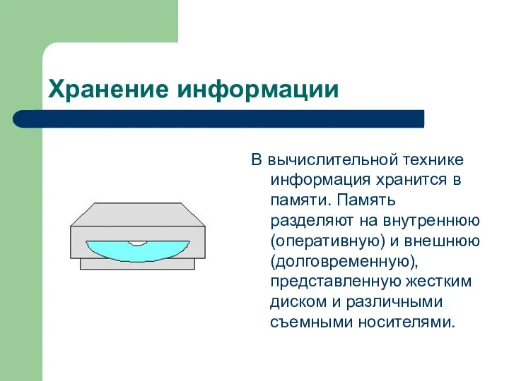 Хранение информации В вычислительной технике информация хранится в памяти. Память разделяют