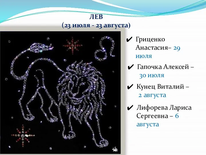 ЛЕВ (23 июля - 23 августа) Лифорева Лариса Сергеевна – 6