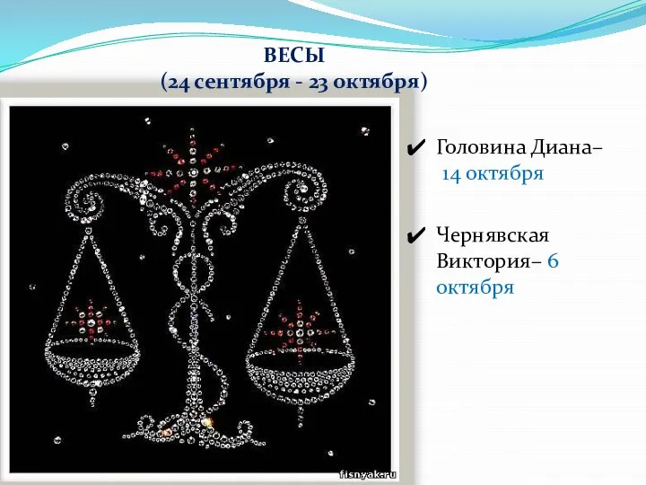 ВЕСЫ (24 сентября - 23 октября) Головина Диана– 14 октября Чернявская Виктория– 6 октября