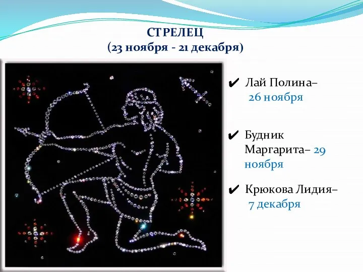 СТРЕЛЕЦ (23 ноября - 21 декабря) Лай Полина– 26 ноября Будник