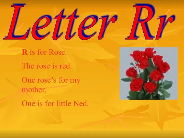 Letter Rr R is for Rose. The rose is red. One