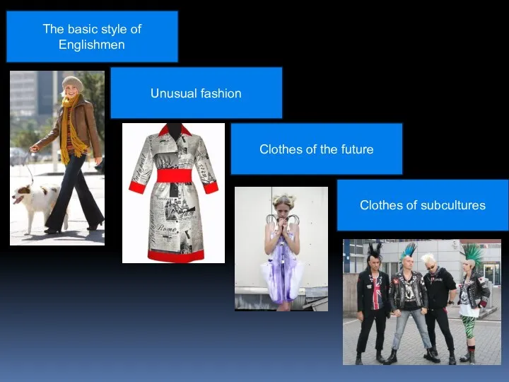 The basic style of Englishmen Clothes of the future Unusual fashion Clothes of subcultures