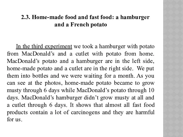 2.3. Home-made food and fast food: a hamburger and a French