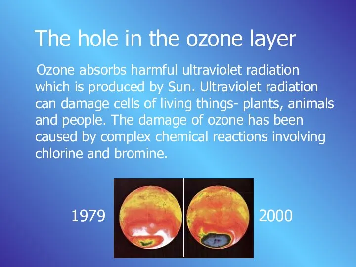 The hole in the ozone layer Ozone absorbs harmful ultraviolet radiation