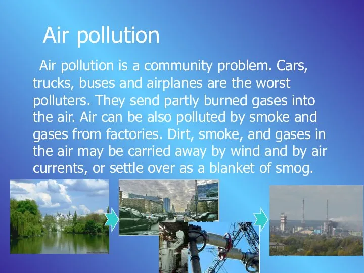 Air pollution Air pollution is a community problem. Cars, trucks, buses