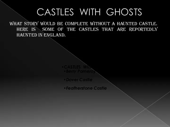 CASTLES WITH GHOSTS What story would be complete without a haunted