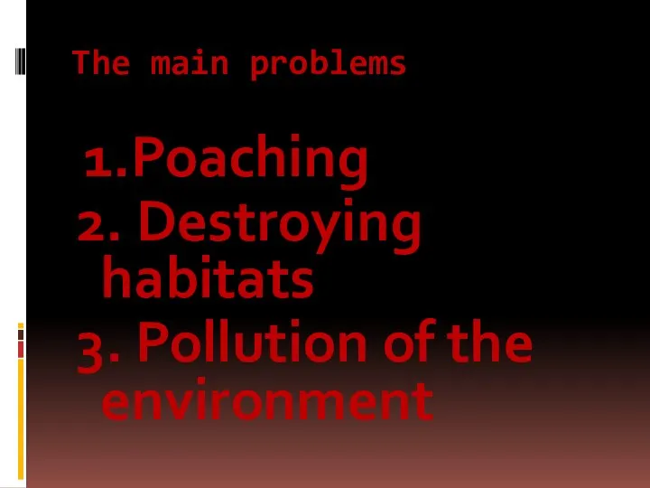 The main problems 1.Poaching 2. Destroying habitats 3. Pollution of the environment