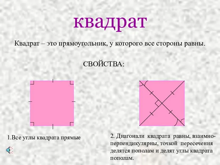 квадрат Квадрат – это прямоугольник, у которого все стороны равны. СВОЙСТВА: