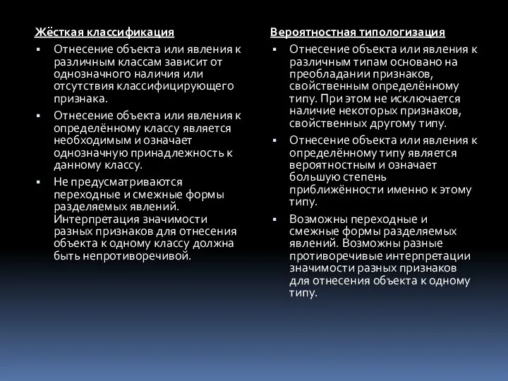 Жёсткая классификация Отнесение объекта или явления к различным классам зависит от