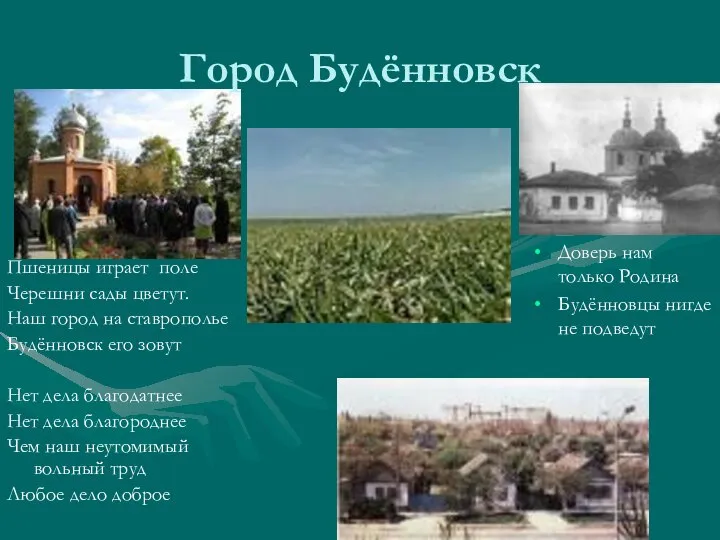 Город Будённовск Пшеницы играет поле Черешни сады цветут. Наш город на