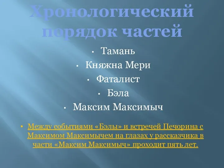 Хронологический порядок частей Тамань Княжна Мери Фаталист Бэла Максим Максимыч Между