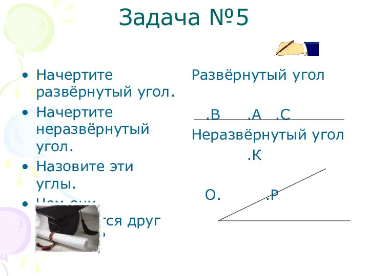 Задача №5 Начертите развёрнутый угол. Начертите неразвёрнутый угол. Назовите эти углы.