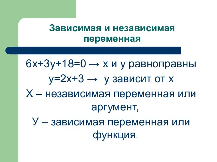 Зависимая и независимая переменная 6х+3у+18=0 → х и у равноправны у=2х+3