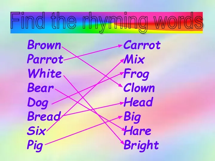 Find the rhyming words Brown Parrot White Bear Dog Bread Six