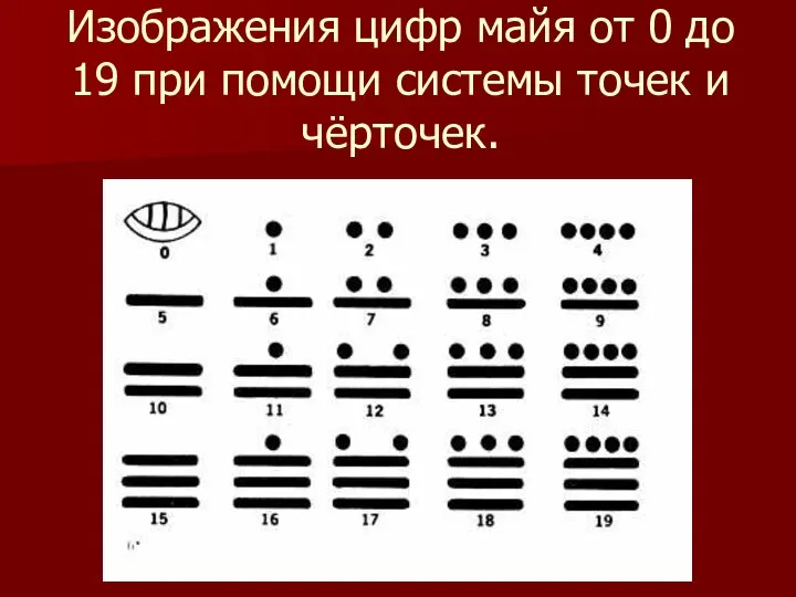 Изображения цифр майя от 0 до 19 при помощи системы точек и чёрточек.