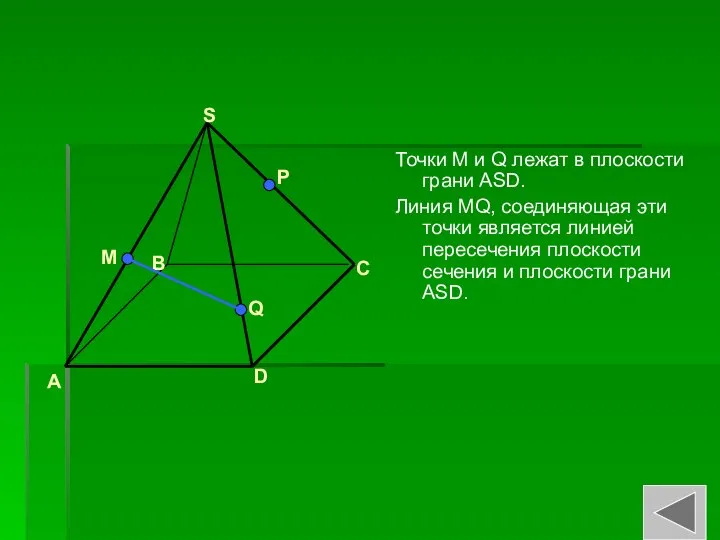 Точки M и Q лежат в плоскости грани ASD. Линия MQ,