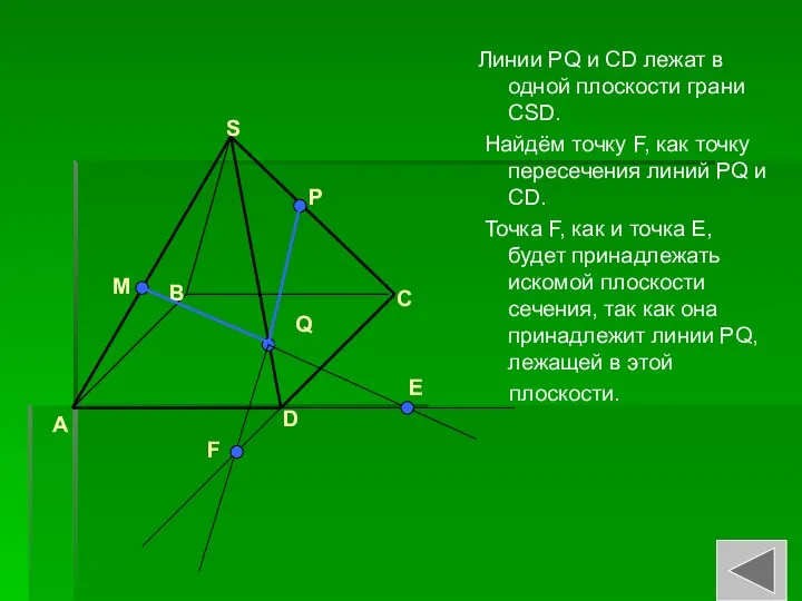 Линии PQ и CD лежат в одной плоскости грани CSD. Найдём