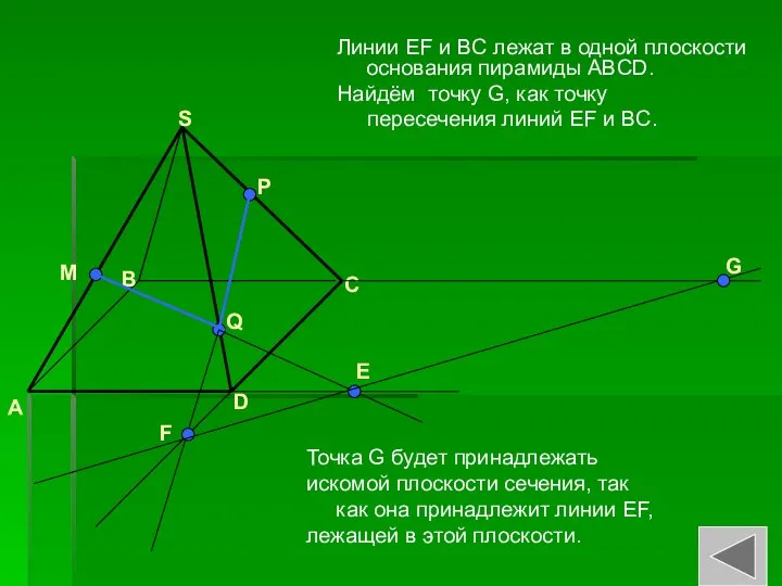 Линии EF и BC лежат в одной плоскости основания пирамиды ABCD.