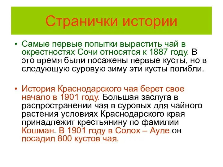 Странички истории Самые первые попытки вырастить чай в окрестностях Сочи относятся