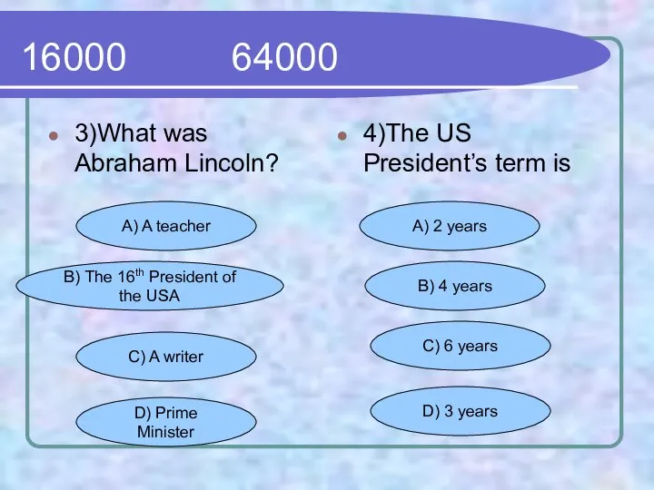 16000 64000 3)What was Abraham Lincoln? 4)The US President’s term is