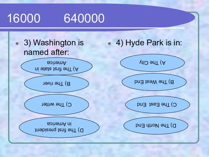 16000 640000 3) Washington is named after: 4) Hyde Park is