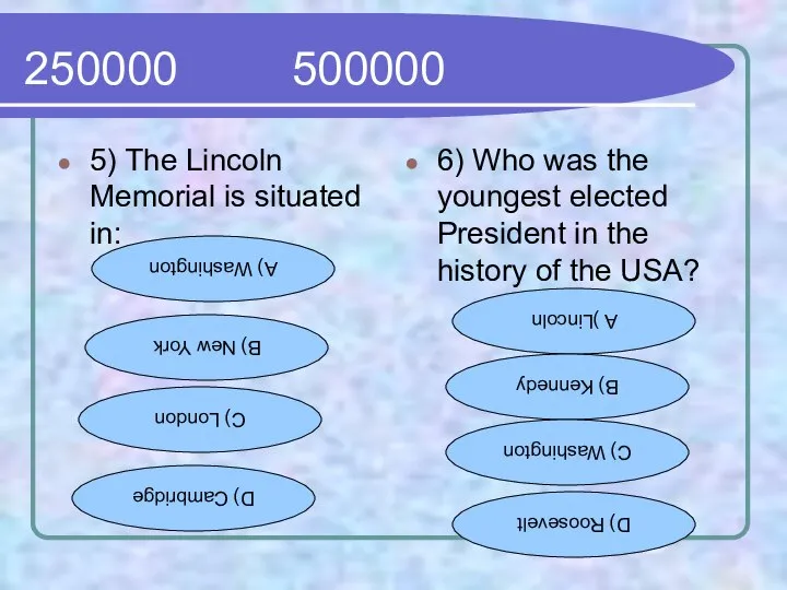 250000 500000 5) The Lincoln Memorial is situated in: 6) Who