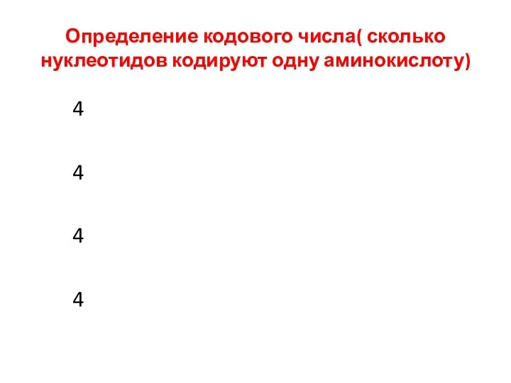 Определение кодового числа( сколько нуклеотидов кодируют одну аминокислоту) 4 4 4 4