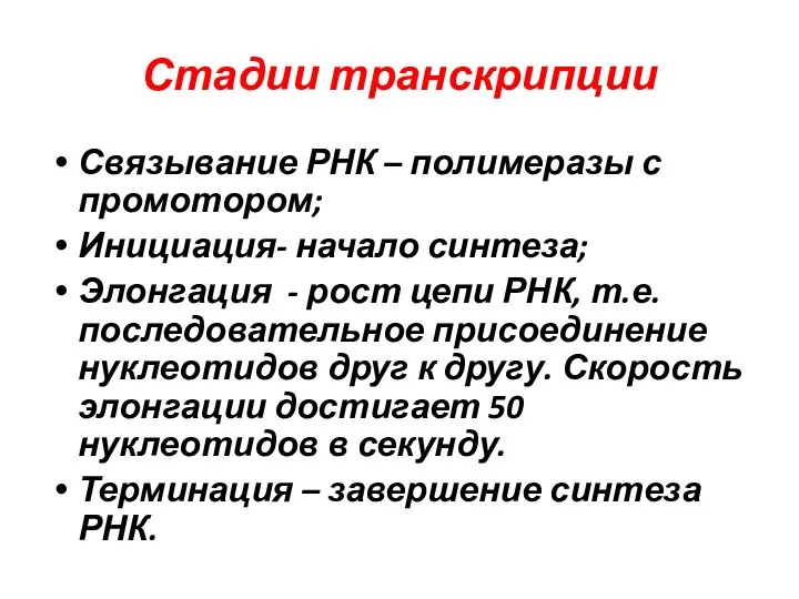 Стадии транскрипции Связывание РНК – полимеразы с промотором; Инициация- начало синтеза;