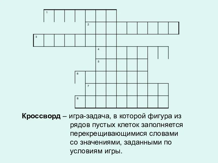 Кроссворд – игра-задача, в которой фигура из рядов пустых клеток заполняется