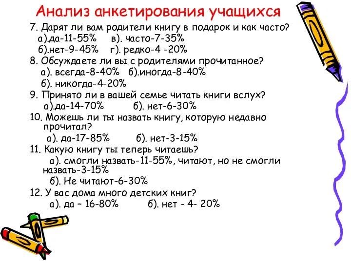 Анализ анкетирования учащихся 7. Дарят ли вам родители книгу в подарок