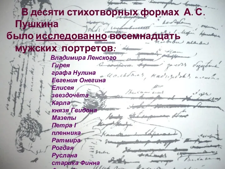 В десяти стихотворных формах А. С. Пушкина было исследованно восемнадцать мужских