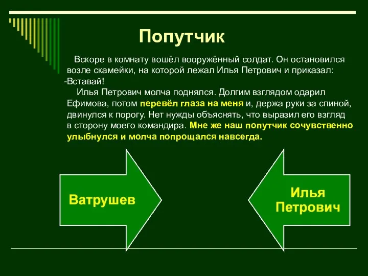 Вскоре в комнату вошёл вооружённый солдат. Он остановился возле скамейки, на