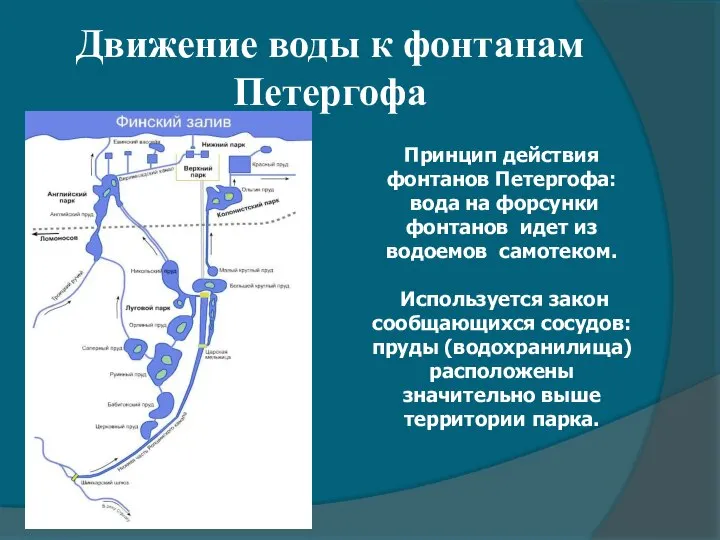 Движение воды к фонтанам Петергофа Принцип действия фонтанов Петергофа: вода на