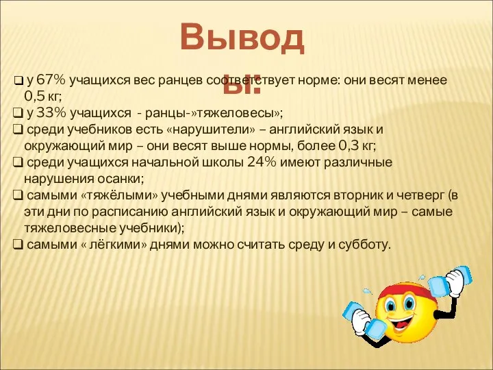 Выводы: у 67% учащихся вес ранцев соответствует норме: они весят менее