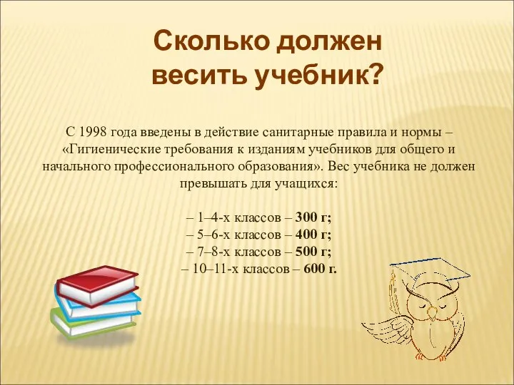 Сколько должен весить учебник? С 1998 года введены в действие санитарные