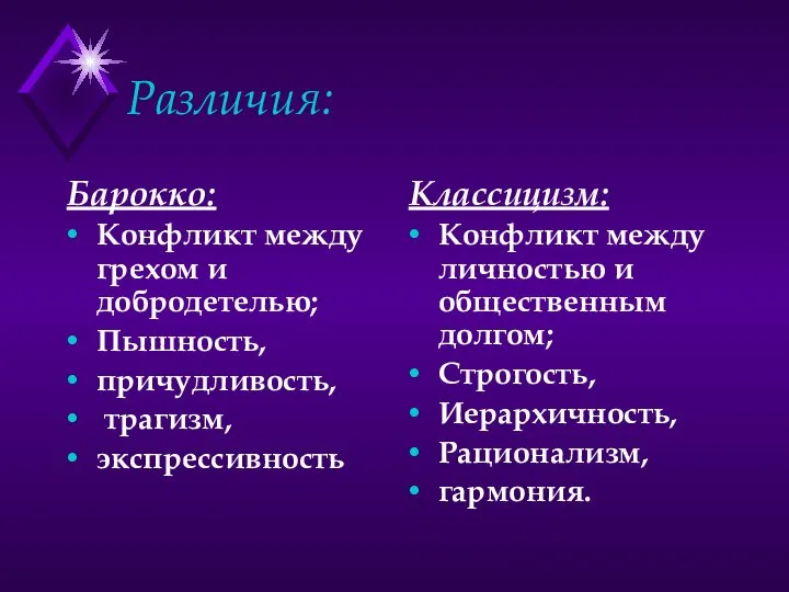 Различия: Барокко: Конфликт между грехом и добродетелью; Пышность, причудливость, трагизм, экспрессивность