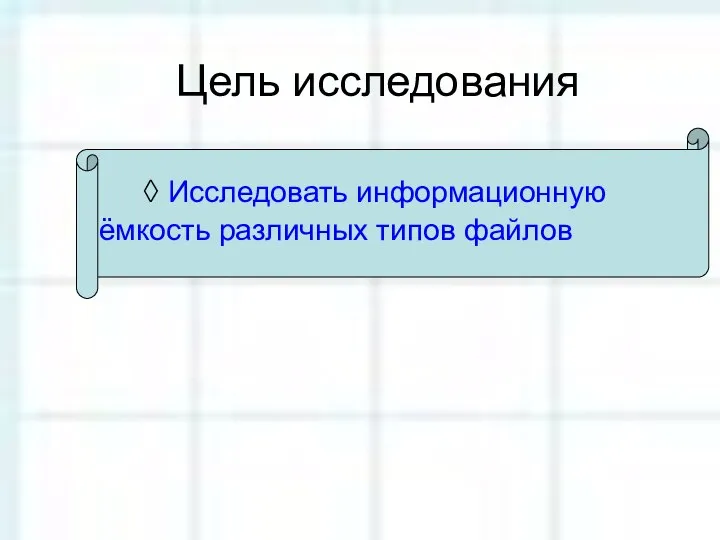 Цель исследования ◊ Исследовать информационную ёмкость различных типов файлов