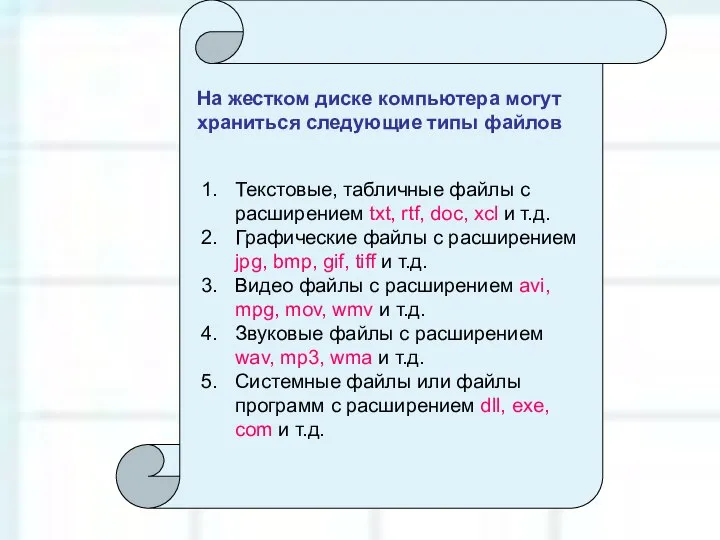 На жестком диске компьютера могут храниться следующие типы файлов Текстовые, табличные