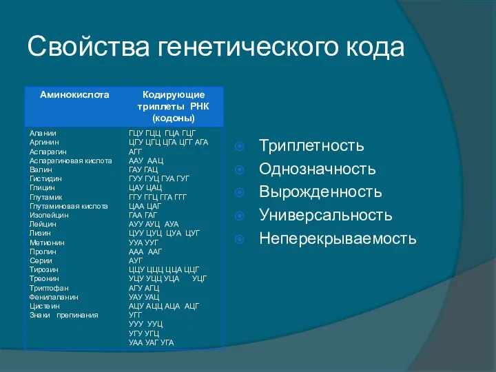 Свойства генетического кода Триплетность Однозначность Вырожденность Универсальность Неперекрываемость